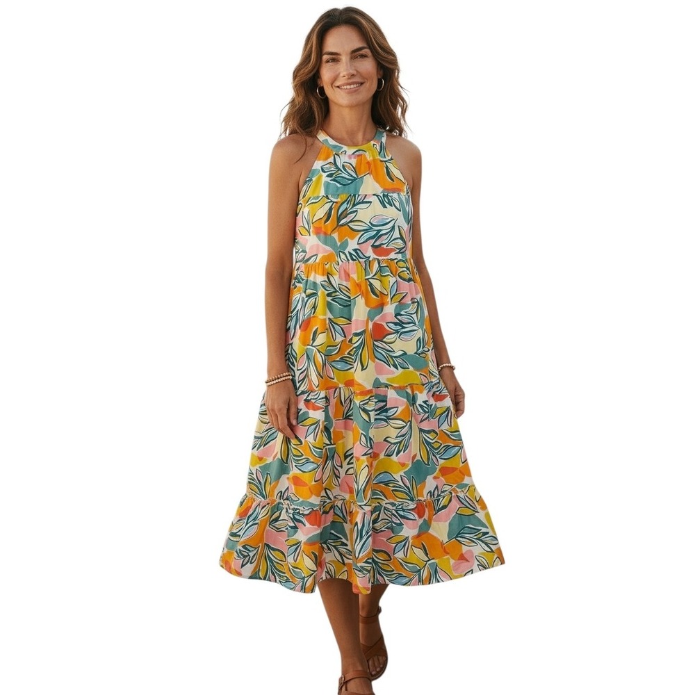 THML Floral Resortwear Beach Summer Womens size Large Ruffle Halter Tiered Dress